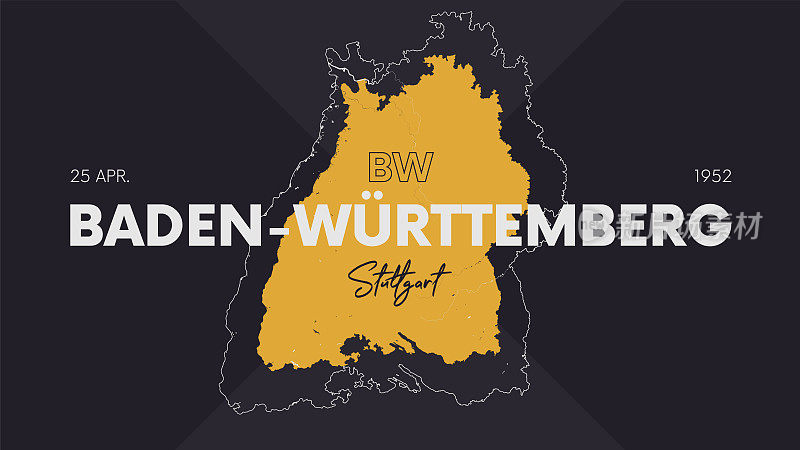 16 of 16 states of Germany with a name, capital and detailed vector Baden-Württemberg map for printing posters, postcards and t-shirts